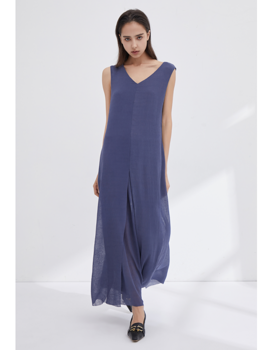 V-NECKLINE SLEEVELESS DRESS WITH SLITS - BLUE