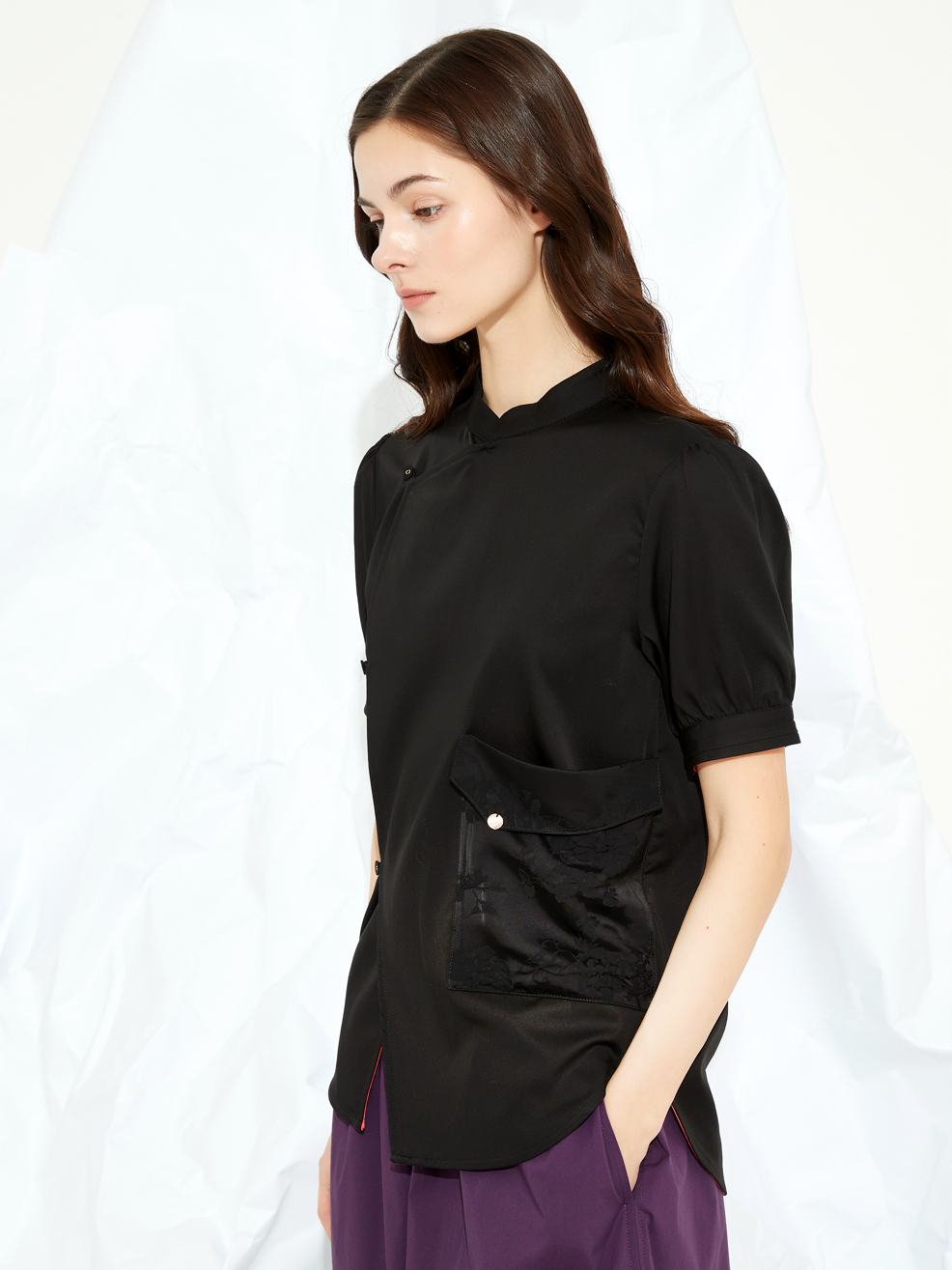 SILK POCKET MANDARIN COLLAR BLOUSE