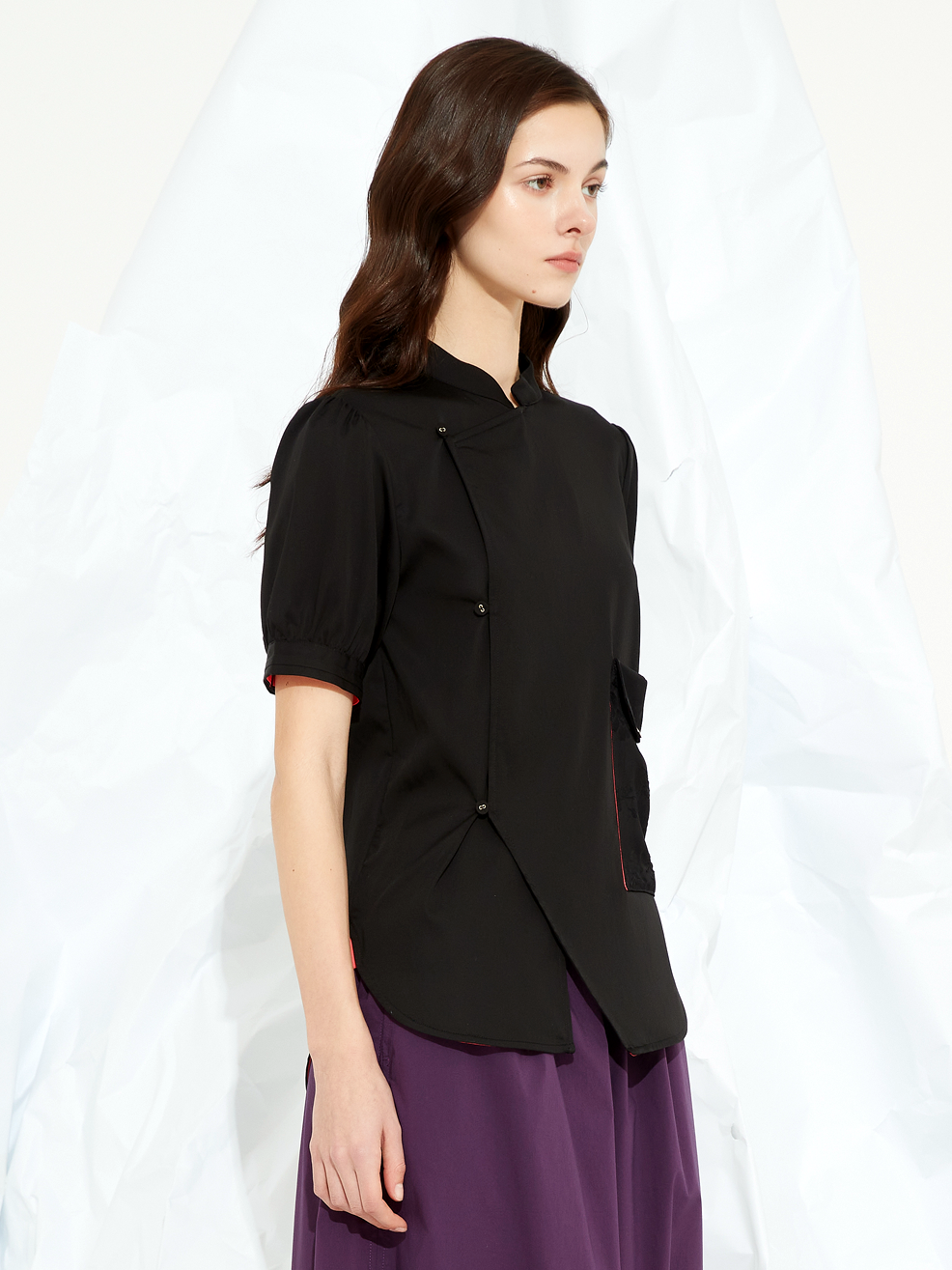 SILK POCKET MANDARIN COLLAR BLOUSE