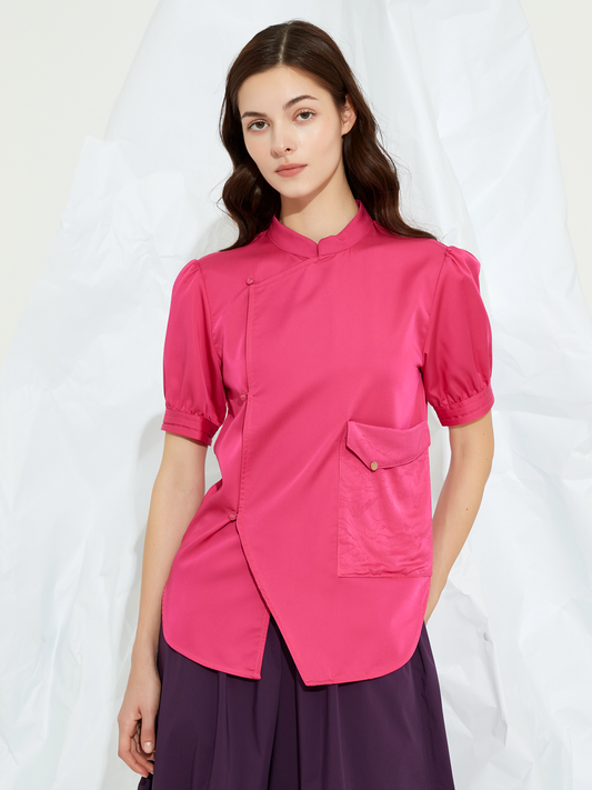 SILK POCKET MANDARIN COLLAR BLOUSE