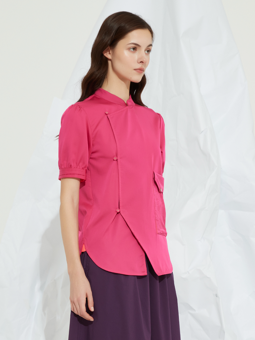 SILK POCKET MANDARIN COLLAR BLOUSE