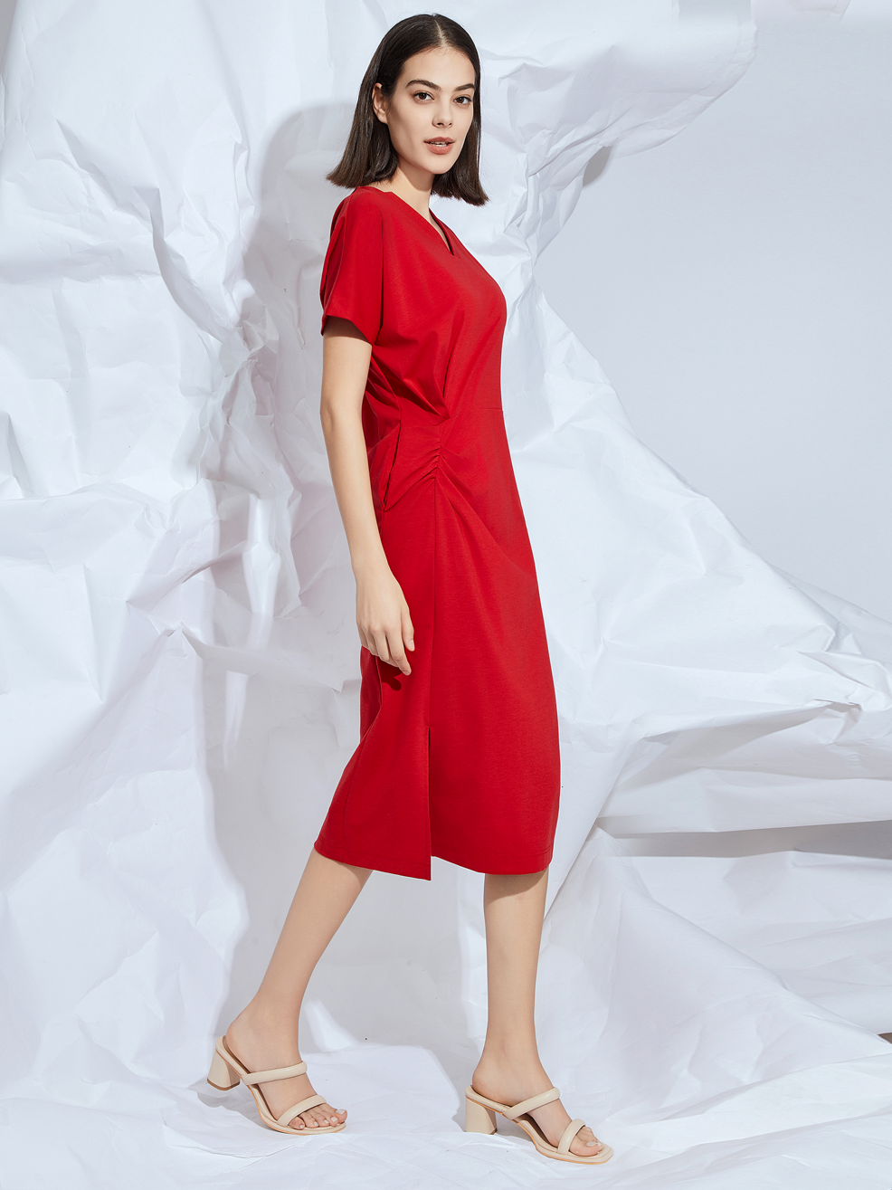 JERSEY DRAPED MIDI DRESS