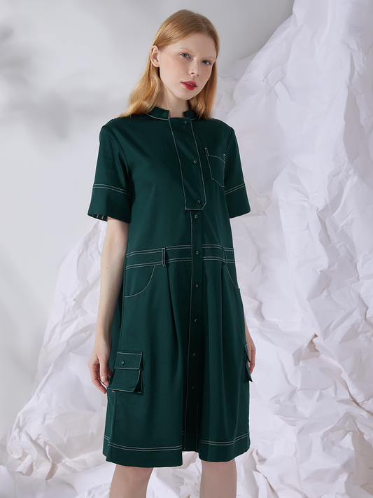 GRANDAD-COLLAR MIDI SHIRT DRESS