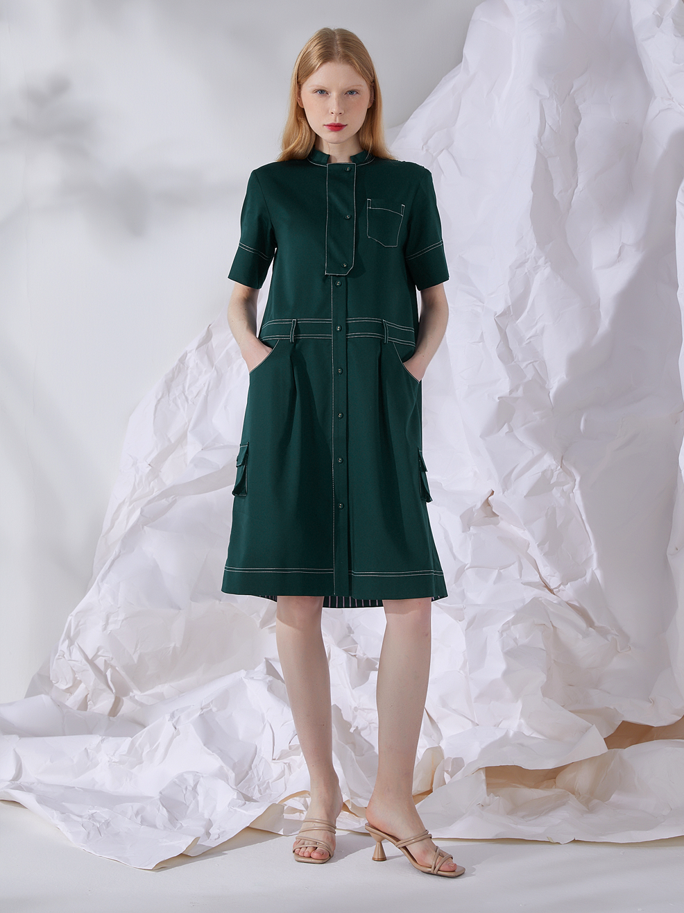 GRANDAD-COLLAR MIDI SHIRT DRESS