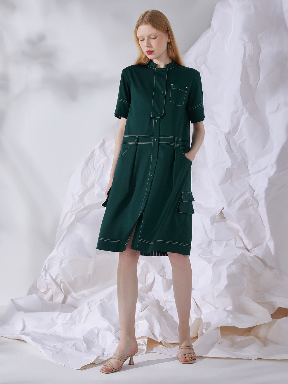 GRANDAD-COLLAR MIDI SHIRT DRESS