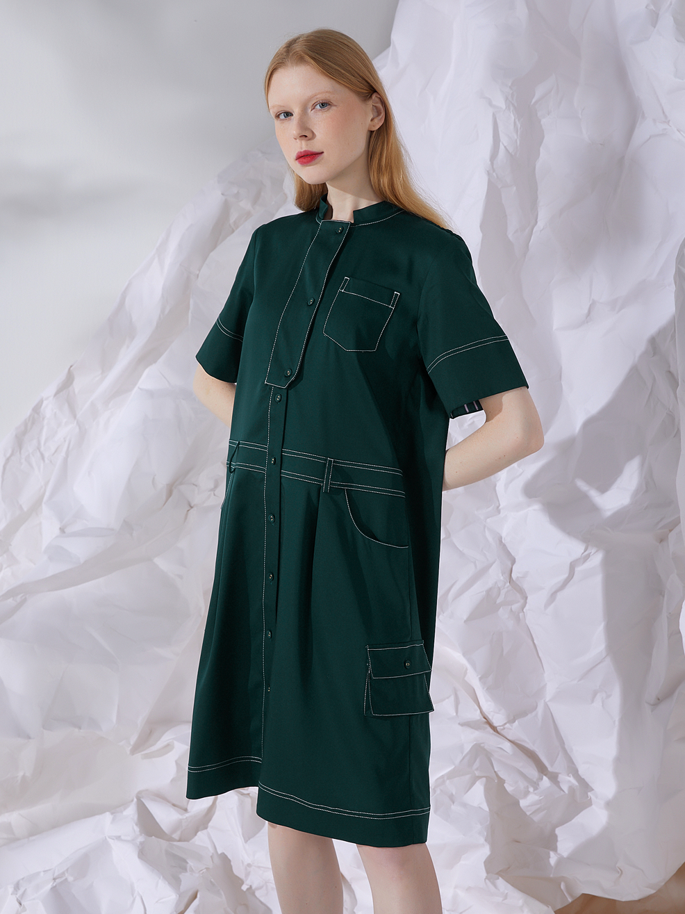 GRANDAD-COLLAR MIDI SHIRT DRESS