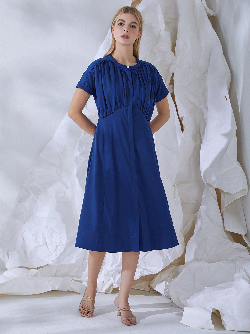 GATHERED-BUTTONS MIDI DRESS