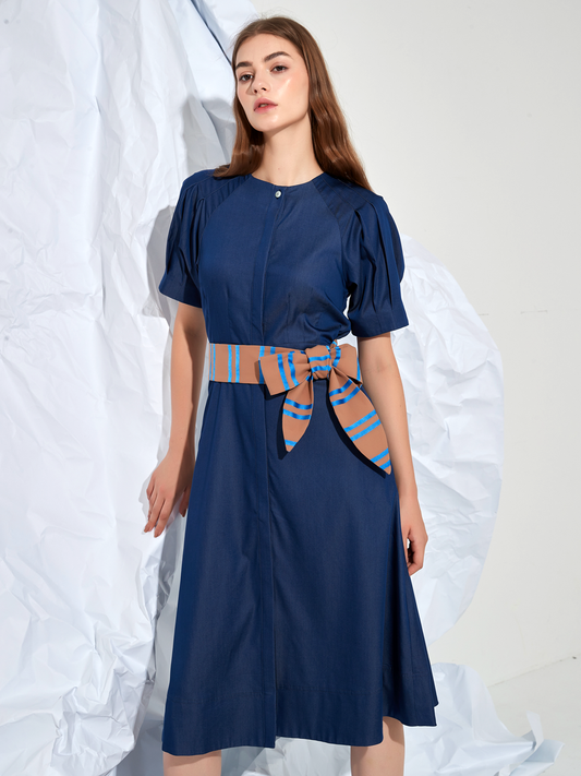 A-LINE STRIPED BELTED MIDI DRESS