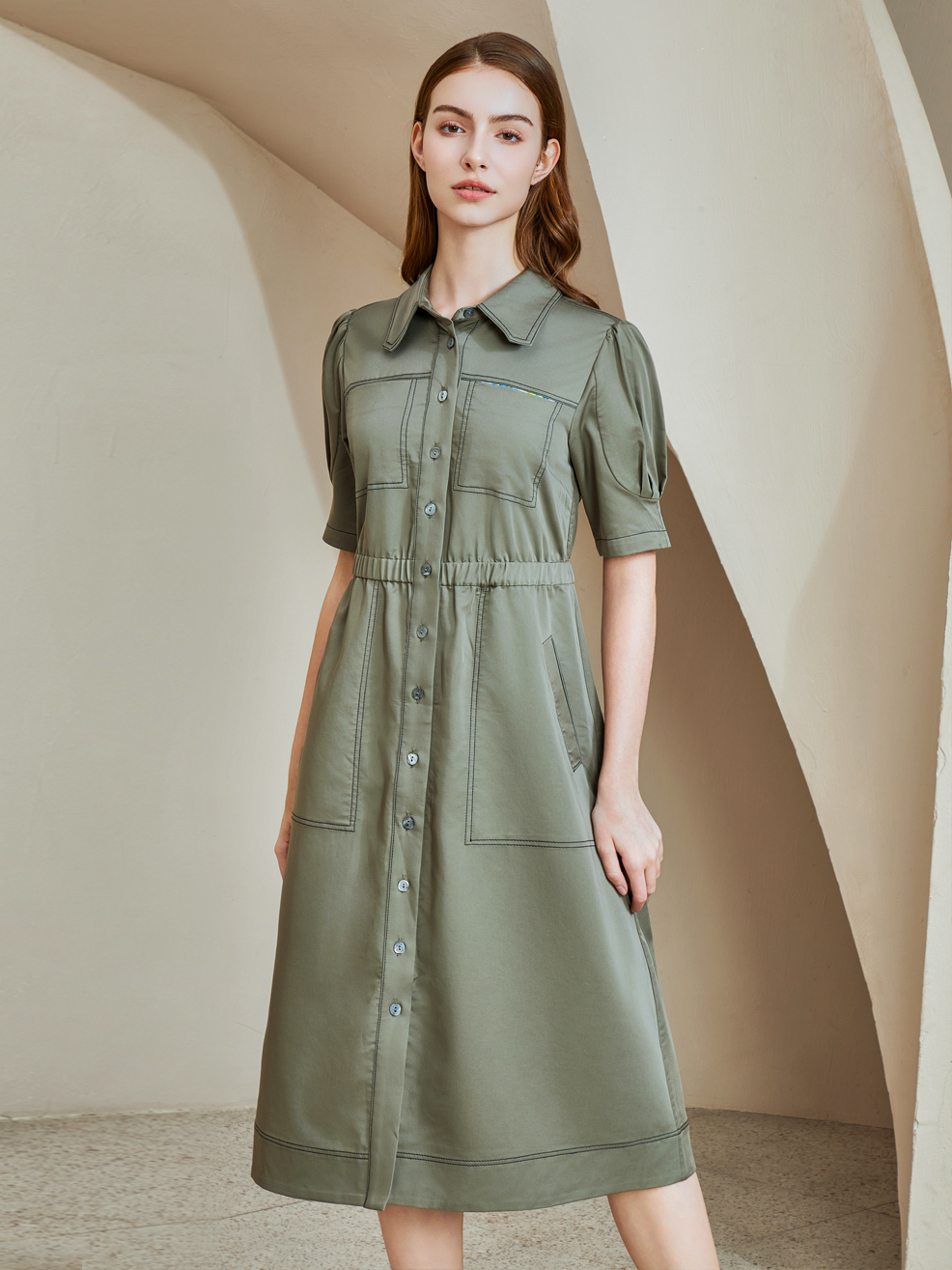 ELASTANE MIDI SHIRT DRESS