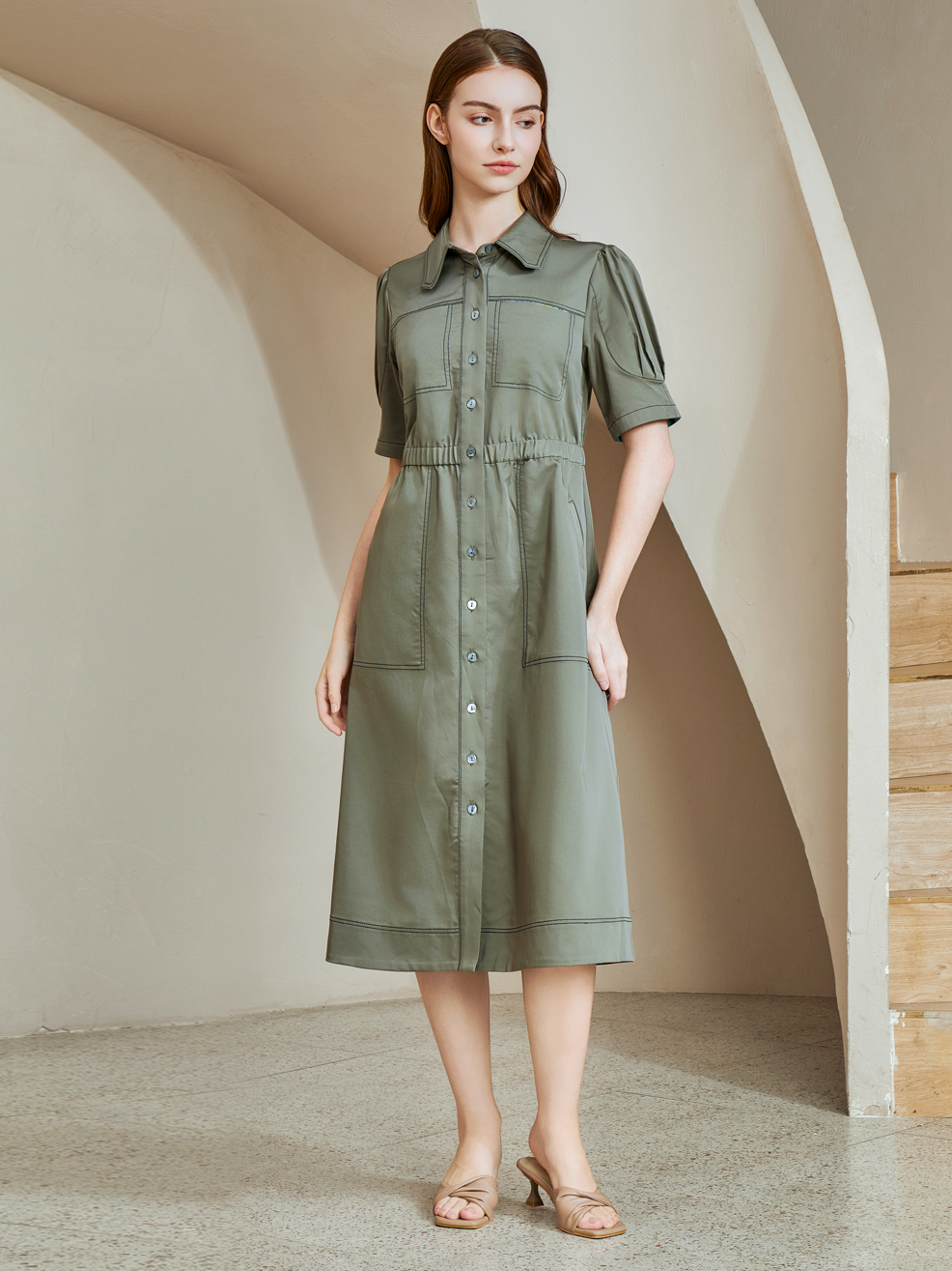 ELASTANE MIDI SHIRT DRESS