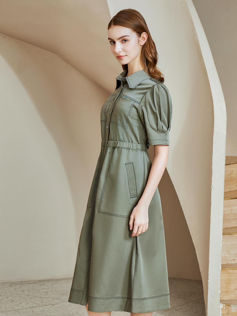 ELASTANE MIDI SHIRT DRESS