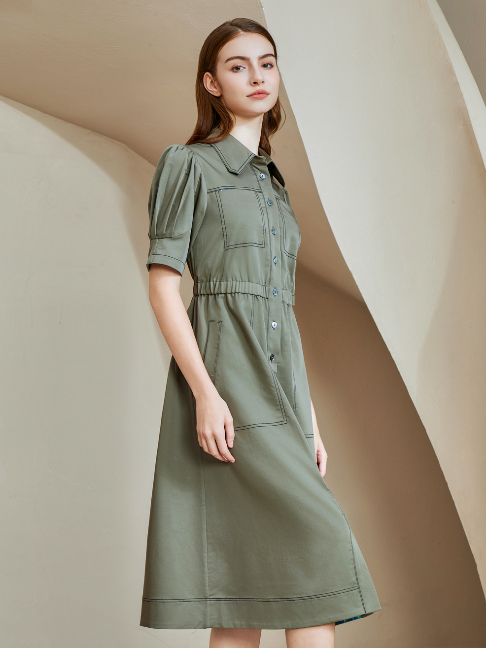 ELASTANE MIDI SHIRT DRESS