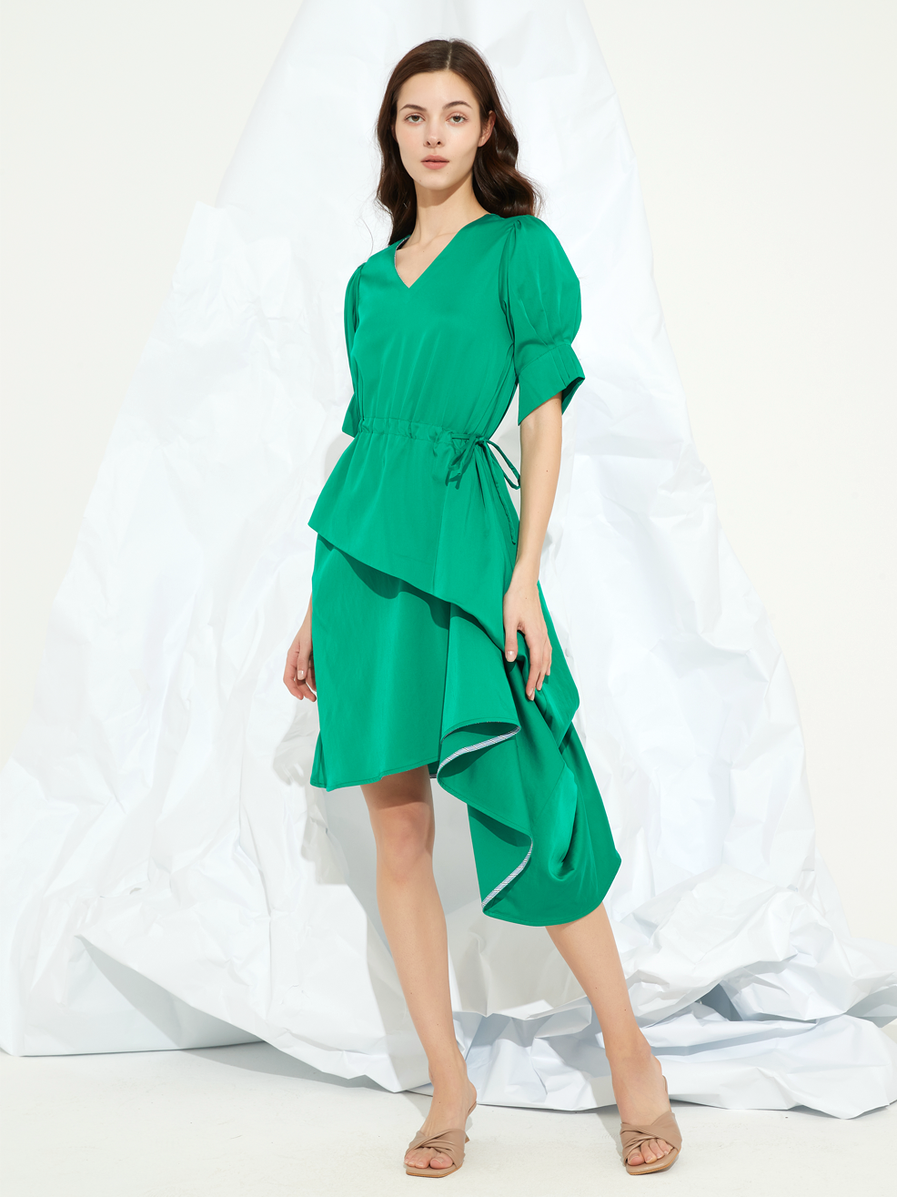 ASYMMETRIC FLARED-HEM MIDI DRESS