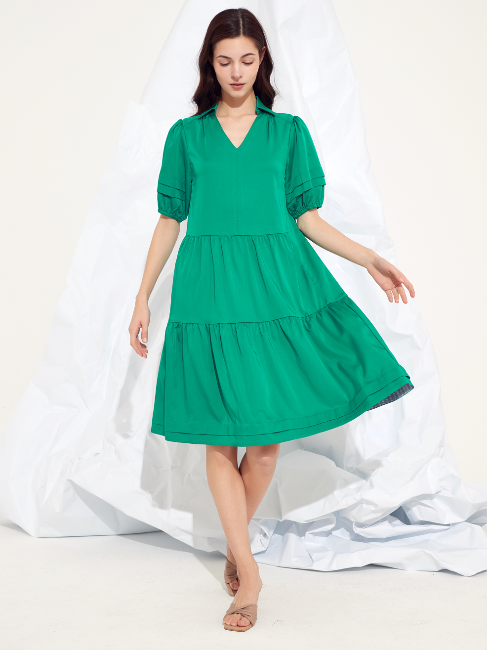 GATHERED PANEL MIDI DRESS