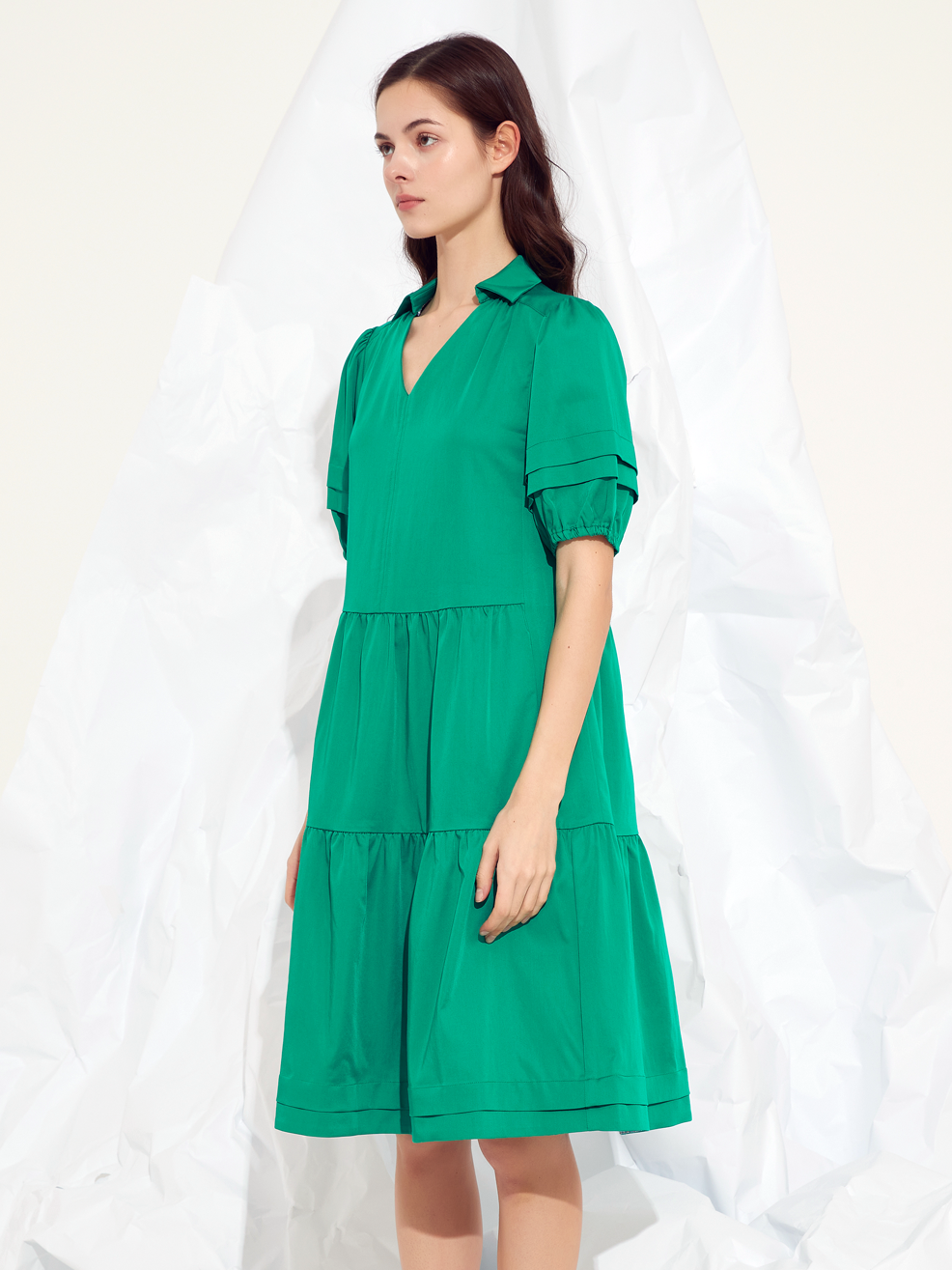 GATHERED PANEL MIDI DRESS