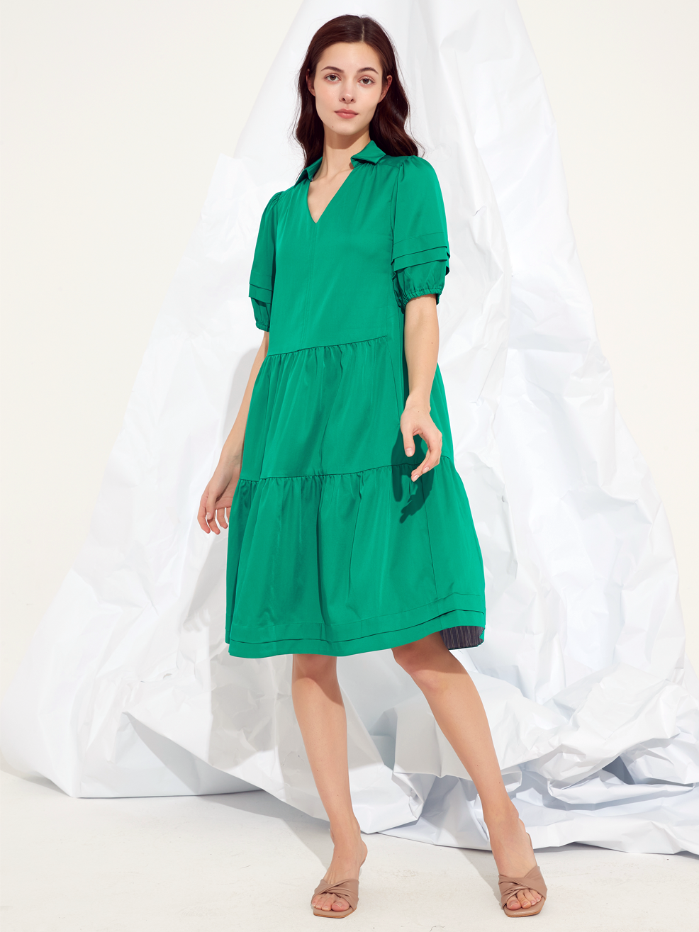 GATHERED PANEL MIDI DRESS