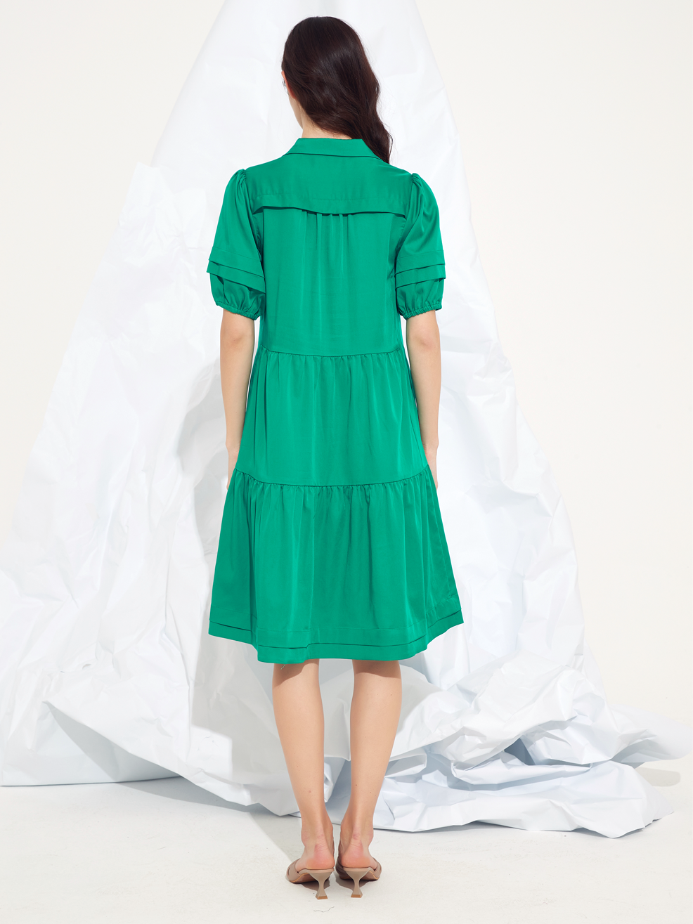 GATHERED PANEL MIDI DRESS