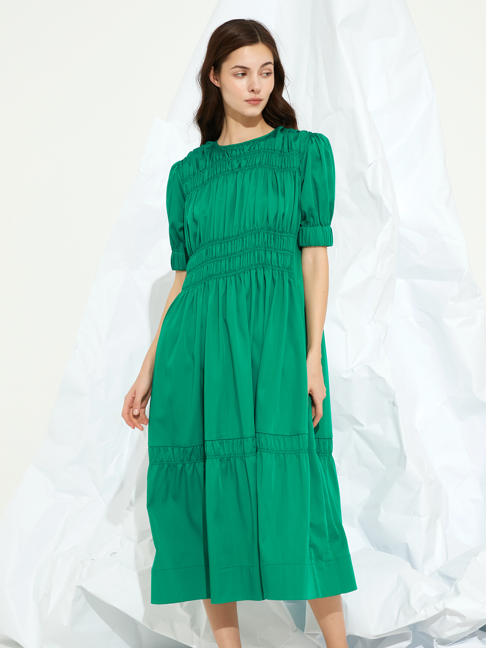 SMOCKED GATHERED MAXI DRESS