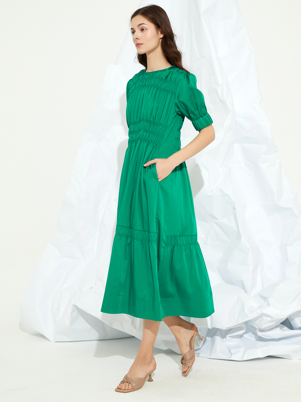 SMOCKED GATHERED MAXI DRESS