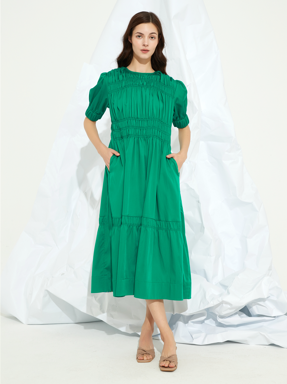 SMOCKED GATHERED MAXI DRESS