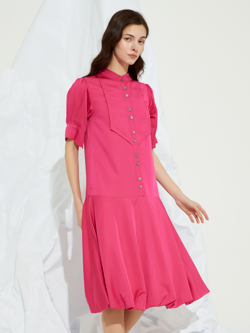 BALLOON GRANDAD-COLLAR MAXI DRESS